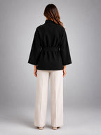 Women's Belted Cape Coat – Stand Collar Wrap - Black