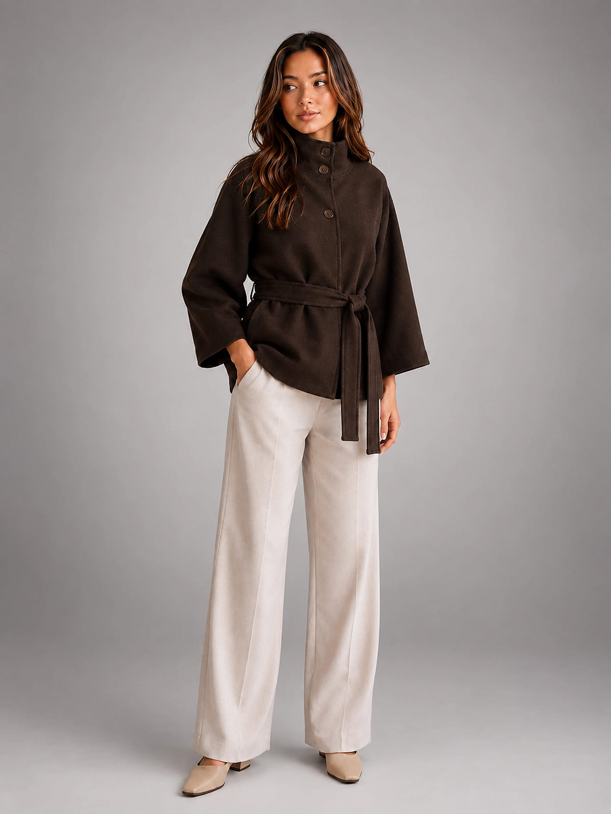 Women's Belted Cape Coat – Stand Collar Wrap - Brown