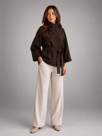 Women's Belted Cape Coat – Stand Collar Wrap - Brown