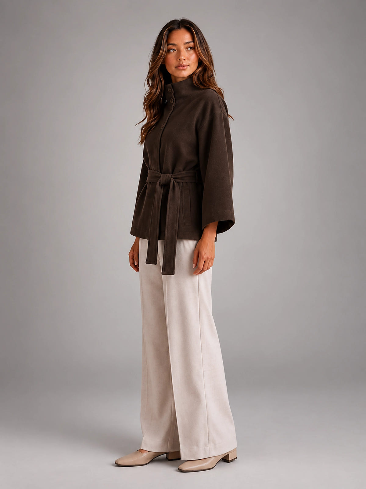 Women's Belted Cape Coat – Stand Collar Wrap - Brown