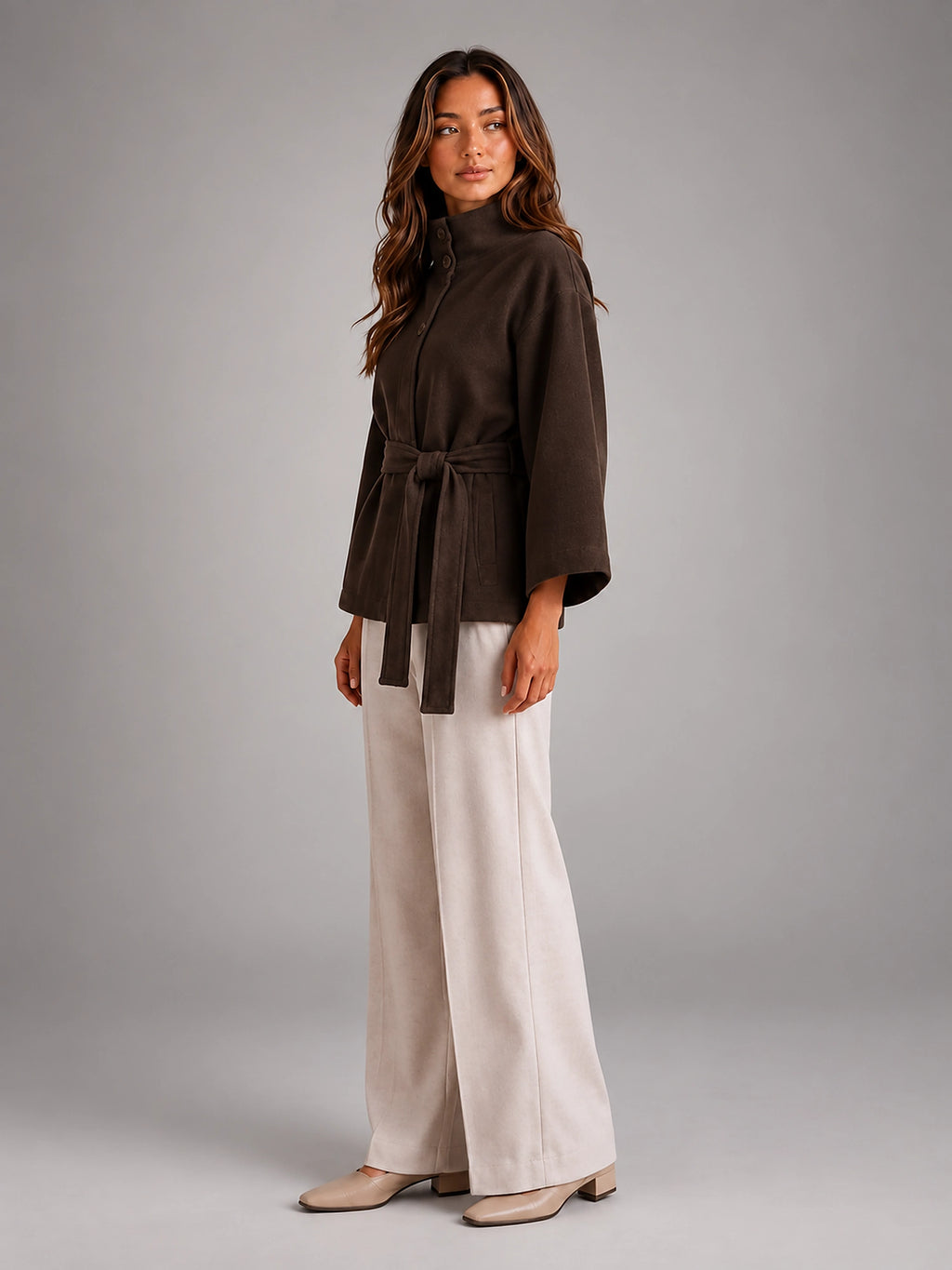 Women's Belted Cape Coat – Stand Collar Wrap - Brown