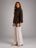Women's Belted Cape Coat – Stand Collar Wrap - Brown