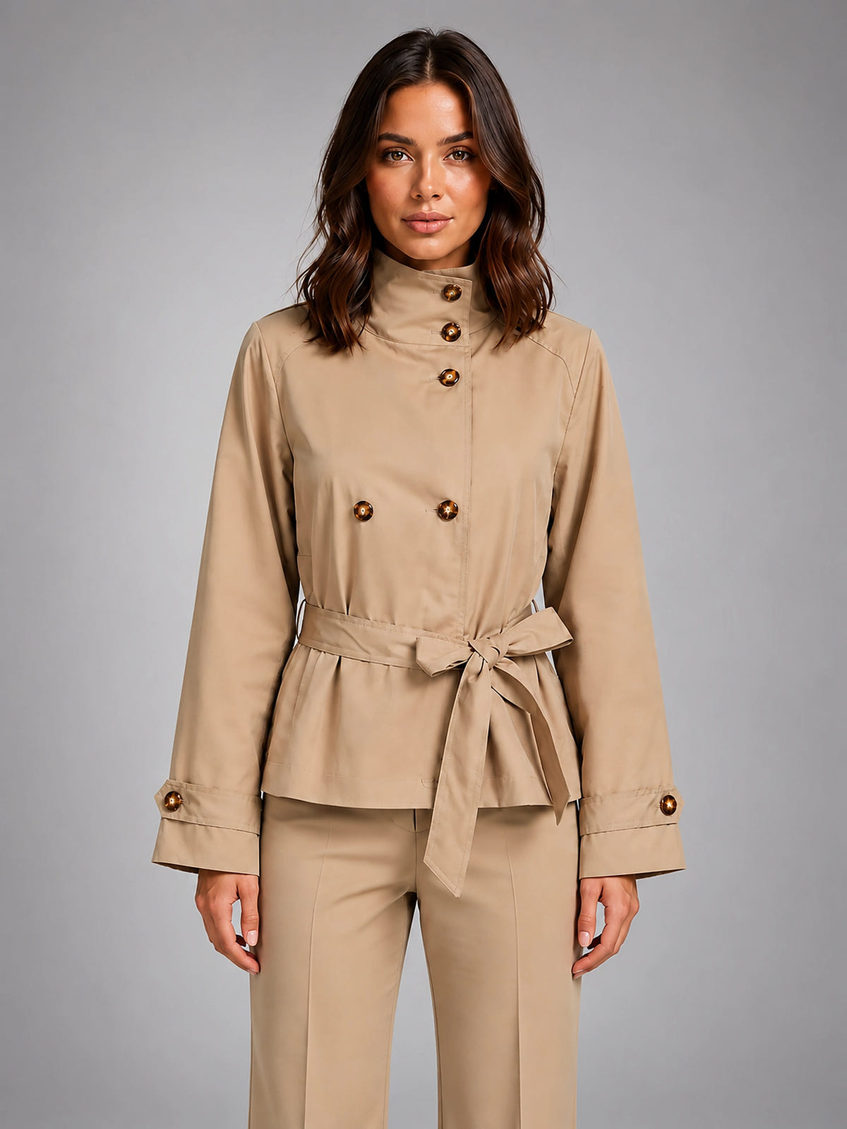 Women's Cropped Trench Jacket – Belted Double Breasted - Beige