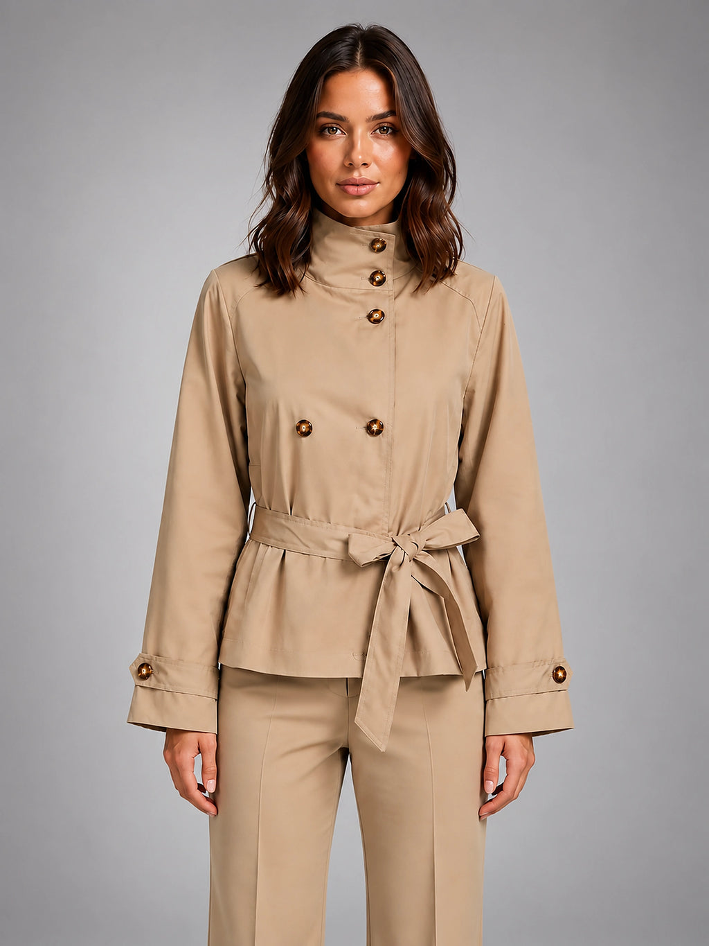 Women's Cropped Trench Jacket – Belted Double Breasted - Beige