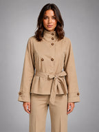 Women's Cropped Trench Jacket – Belted Double Breasted - Beige