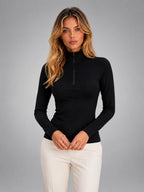Women's Ribbed Half Zip Top – High Neck Long Sleeves - Black