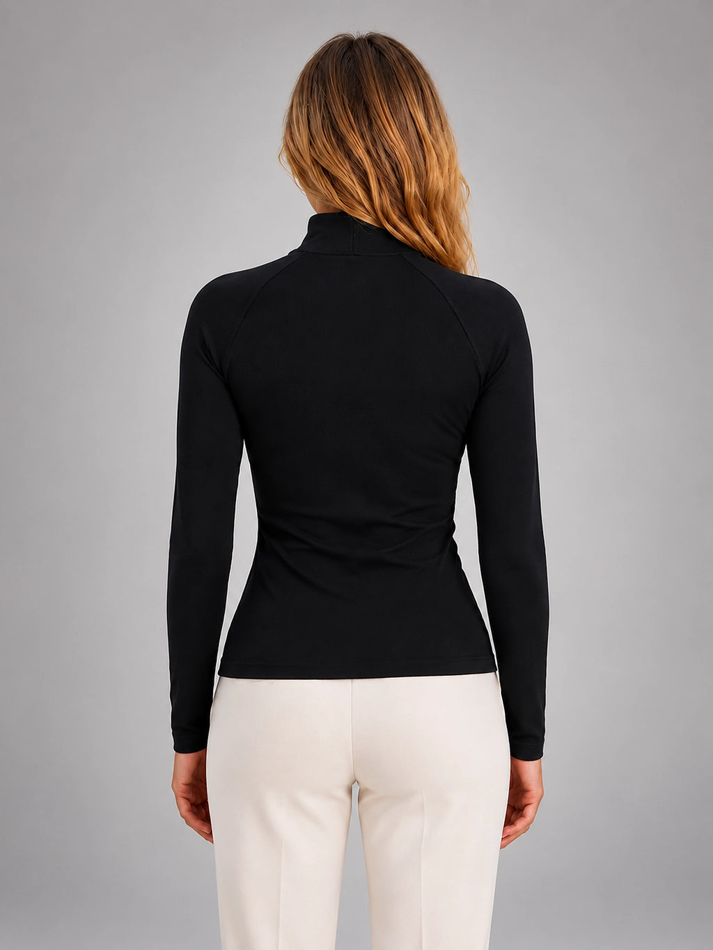 Women's Ribbed Half Zip Top – High Neck Long Sleeves - Black
