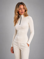 Women's Ribbed Half Zip Top – High Neck Long Sleeves - Cream
