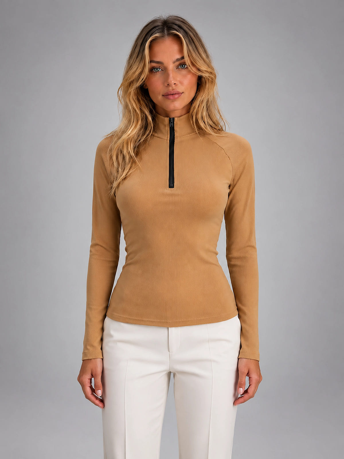 Women's Ribbed Half Zip Top – High Neck Long Sleeves - Khaki