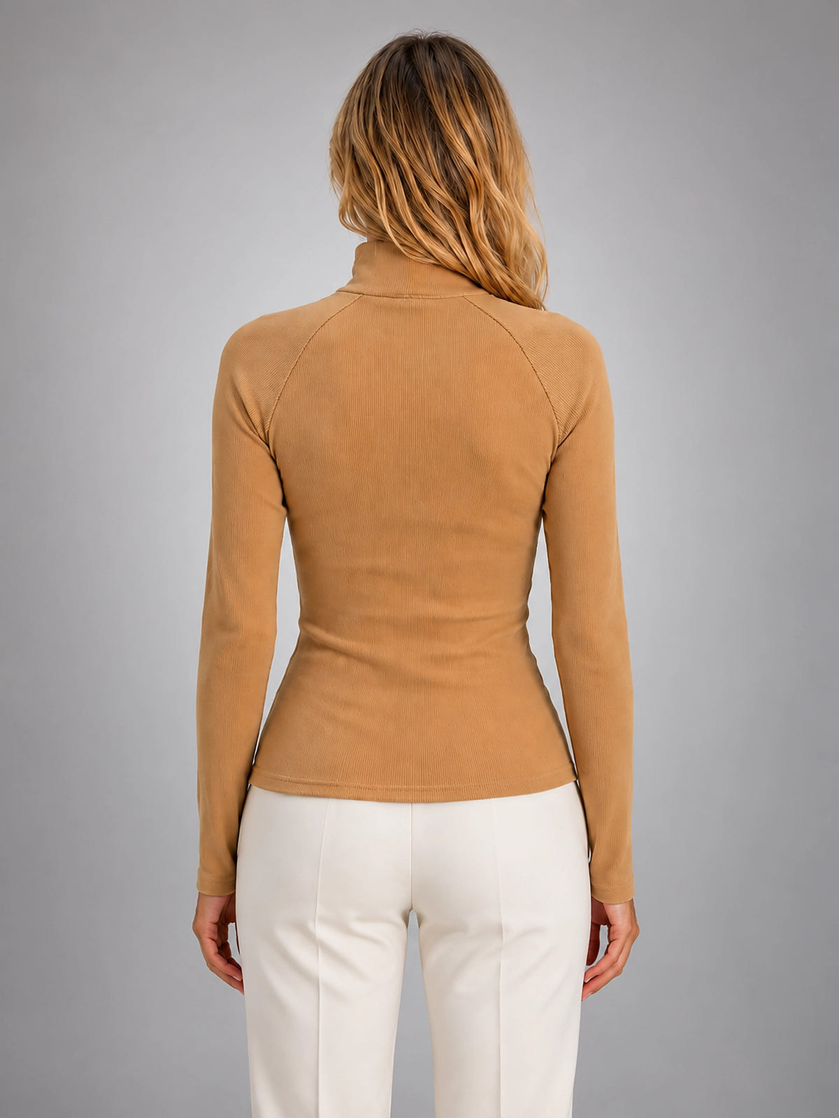 Women's Ribbed Half Zip Top – High Neck Long Sleeves - Khaki