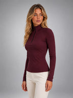 Women's Ribbed Half Zip Top – High Neck Long Sleeves - Burgundy