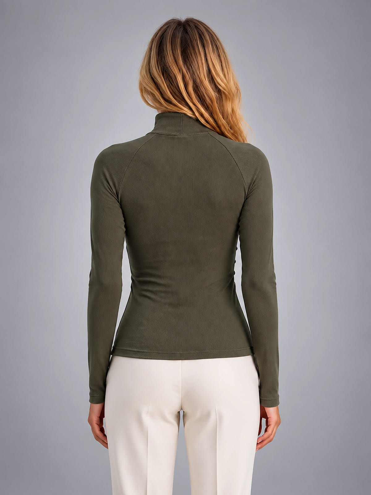 Women's Ribbed Half Zip Top – High Neck Long Sleeves - Army Green