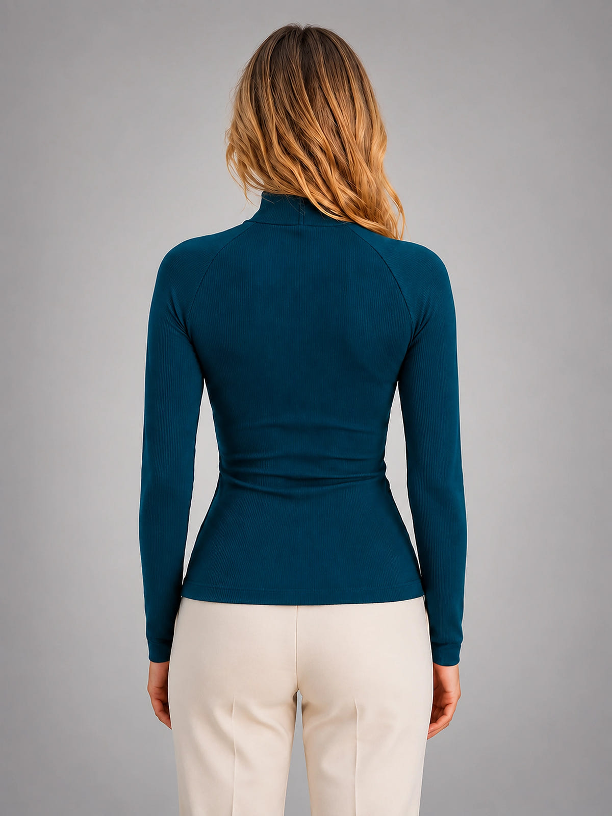 Women's Ribbed Half Zip Top – High Neck Long Sleeves