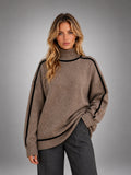 Women's Turtleneck Pullover Sweater – Soft Oversized Knit - Brown