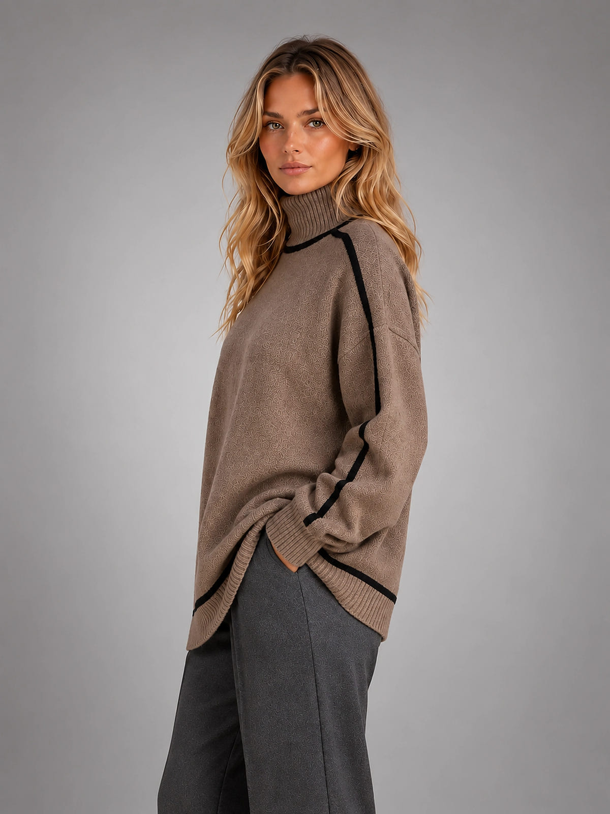 Women's Turtleneck Pullover Sweater – Soft Oversized Knit - Brown