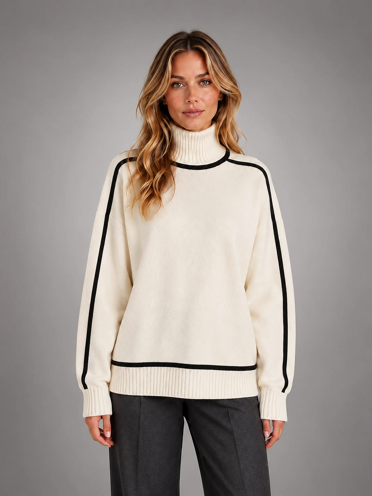 Women's Turtleneck Pullover Sweater – Soft Oversized Knit - Cream