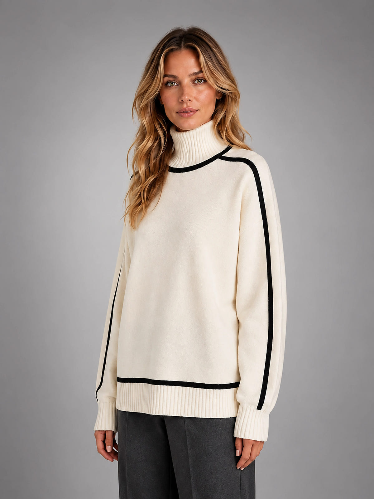 Women's Turtleneck Pullover Sweater – Soft Oversized Knit - Cream