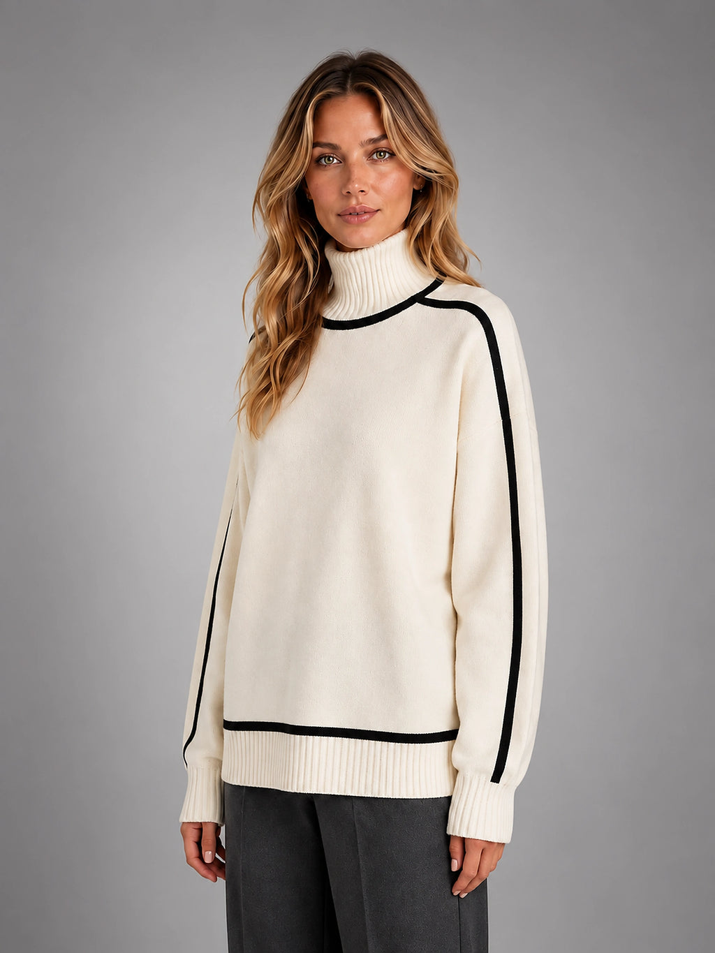 Women's Turtleneck Pullover Sweater – Soft Oversized Knit - Cream
