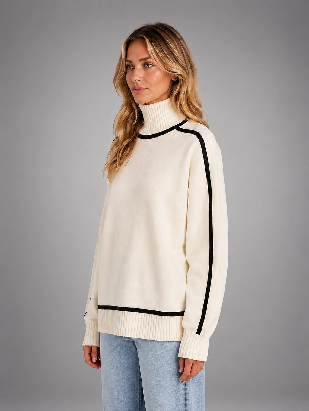 Women's Turtleneck Pullover Sweater – Soft Oversized Knit - Cream