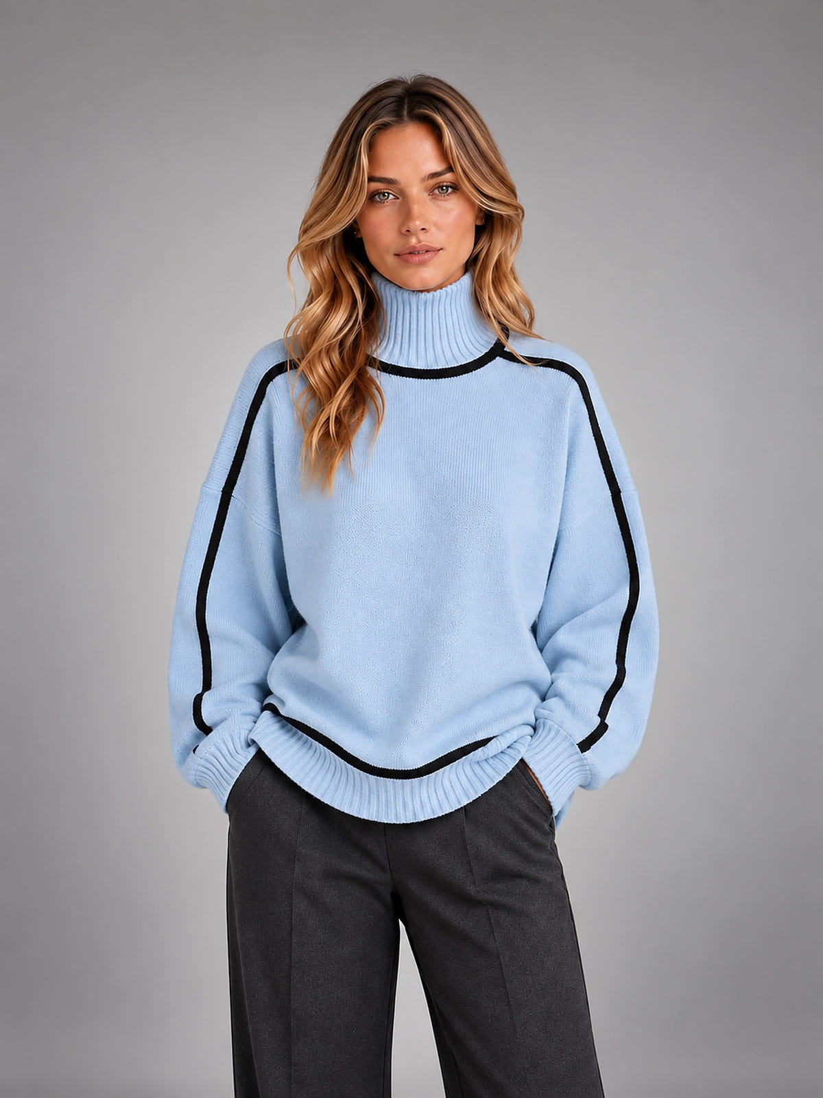 Women's Turtleneck Pullover Sweater – Soft Oversized Knit - Blue