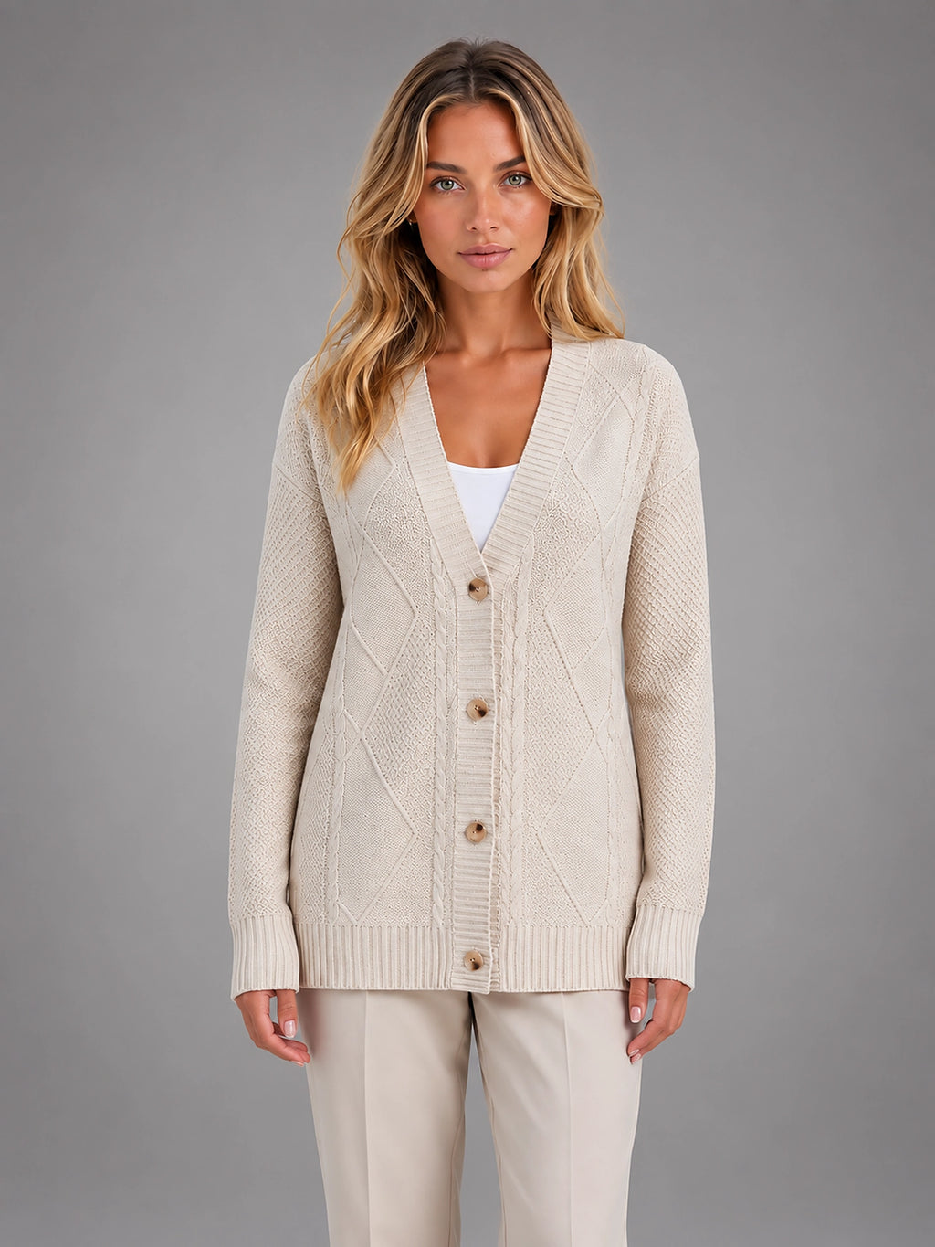 Women's Cable Knit Cardigan – V Neck Button Front - Beige