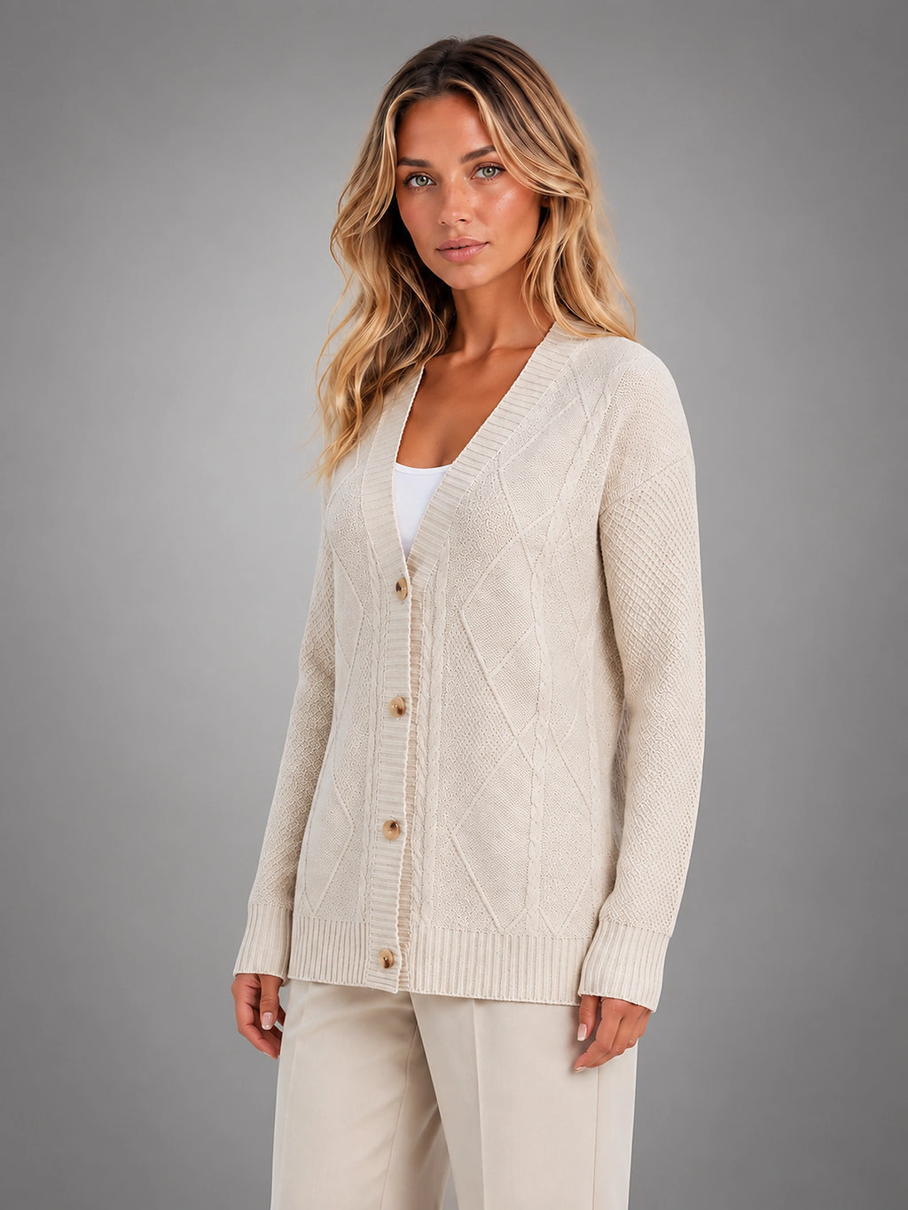 Women's Cable Knit Cardigan – V Neck Button Front - Beige