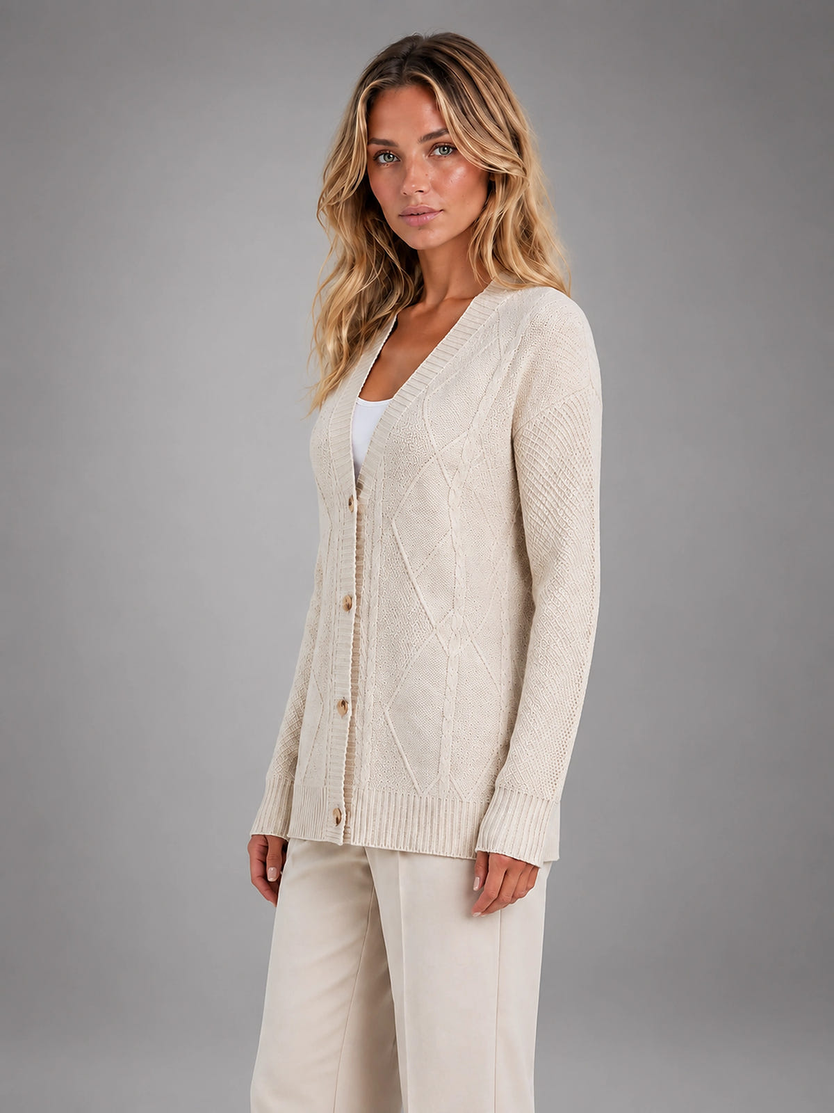 Women's Cable Knit Cardigan – V Neck Button Front - Beige