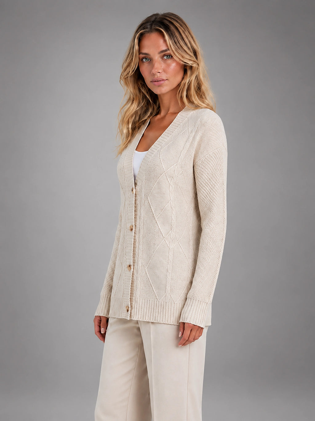 Women's Cable Knit Cardigan – V Neck Button Front - Beige