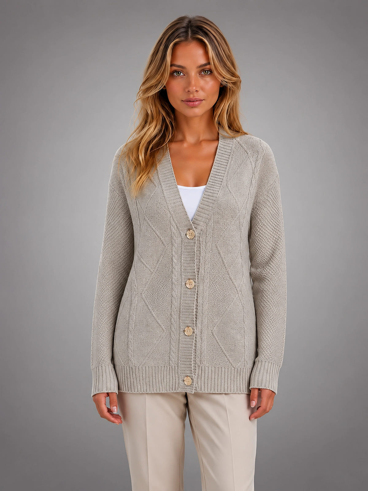 Women's Cable Knit Cardigan – V Neck Button Front - Gray