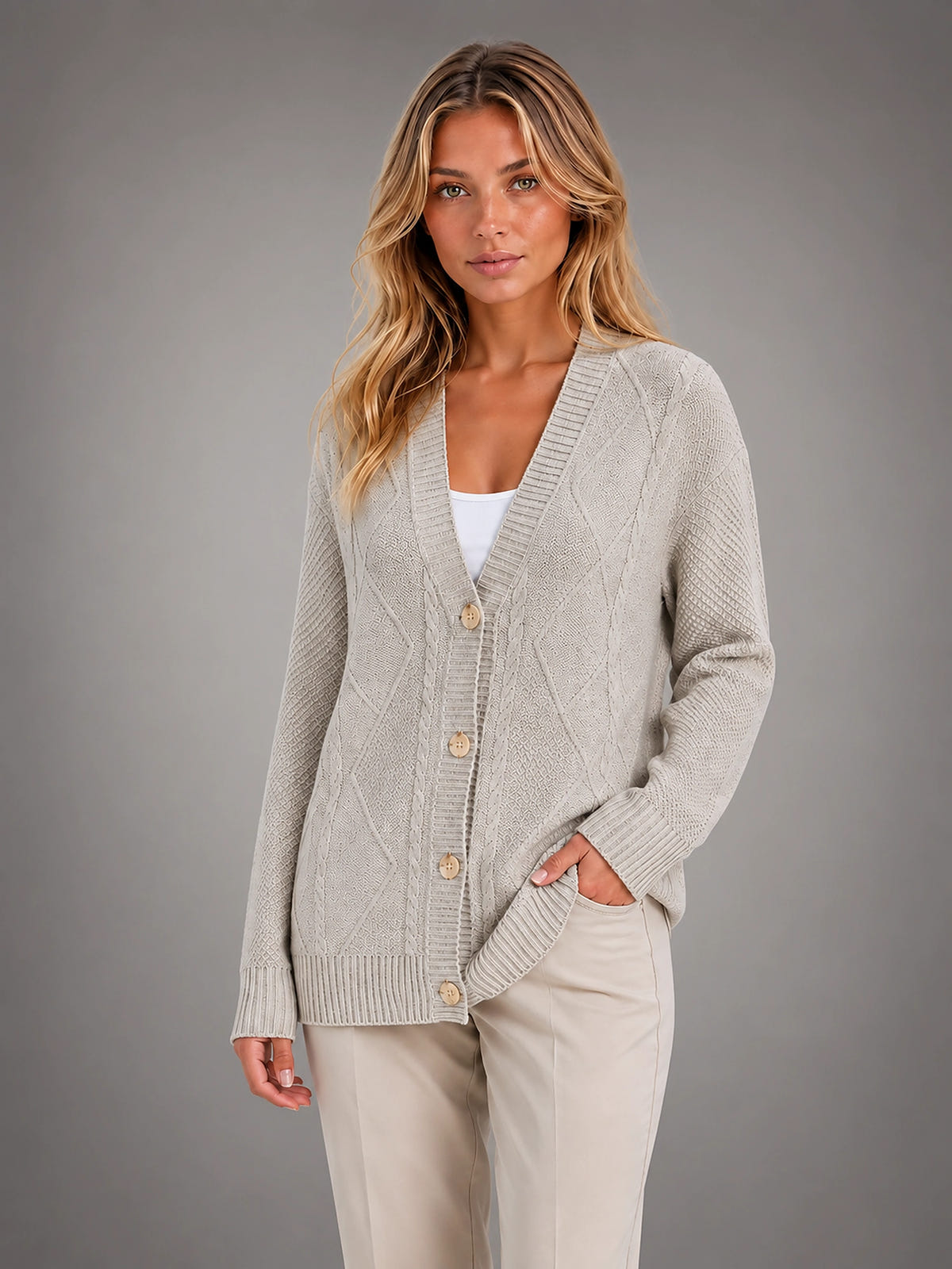 Women's Cable Knit Cardigan – V Neck Button Front - Gray