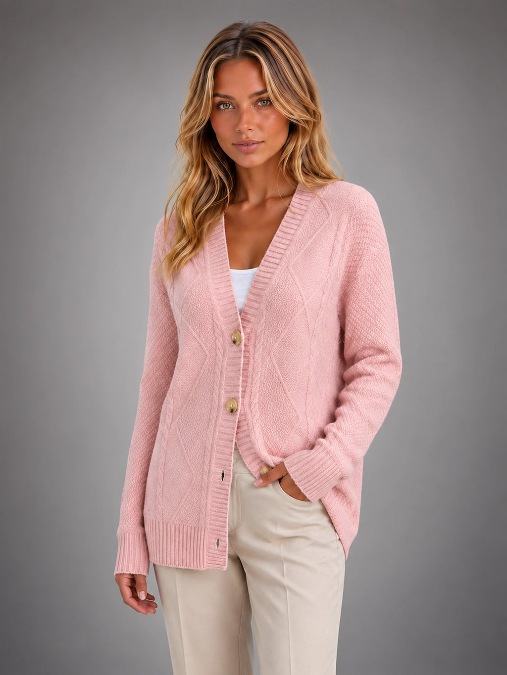 Women's Cable Knit Cardigan – V Neck Button Front - Pink