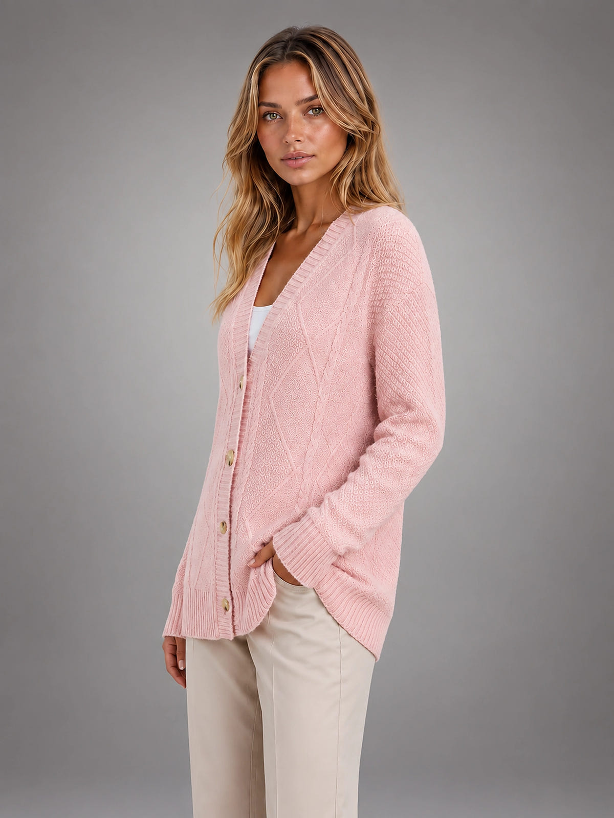 Women's Cable Knit Cardigan – V Neck Button Front - Pink