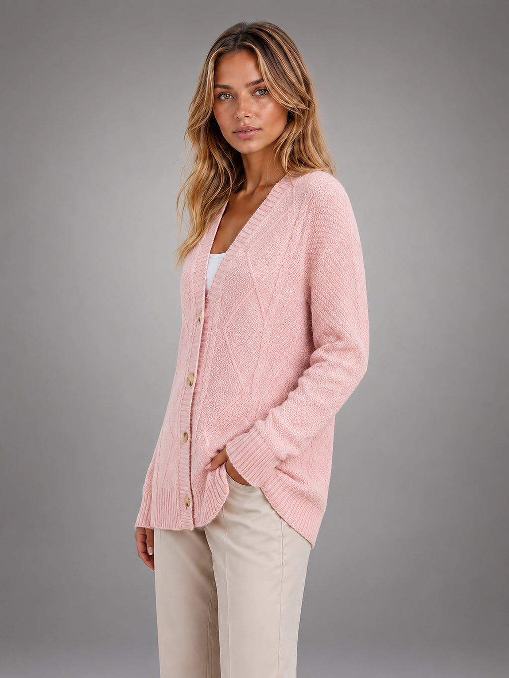 Women's Cable Knit Cardigan – V Neck Button Front - Pink