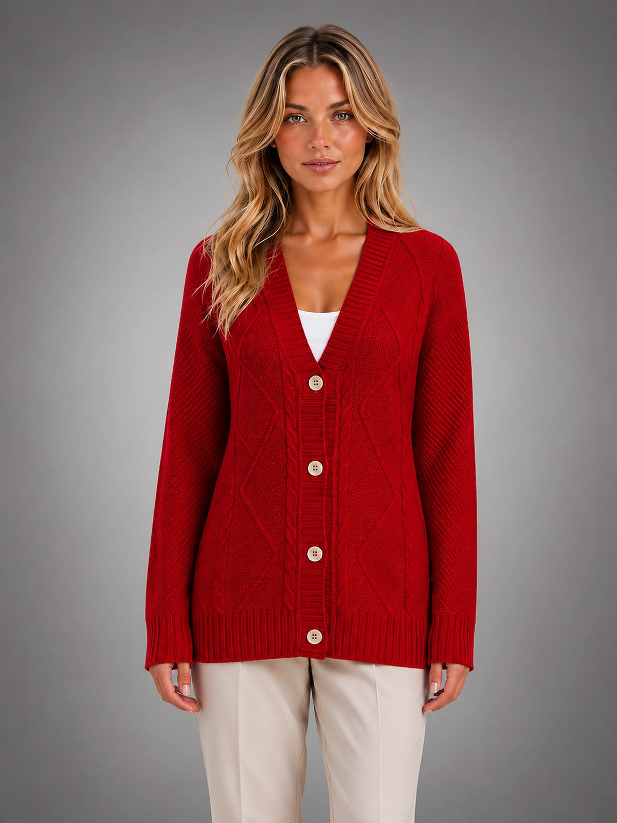 Women's Cable Knit Cardigan – V Neck Button Front - Red