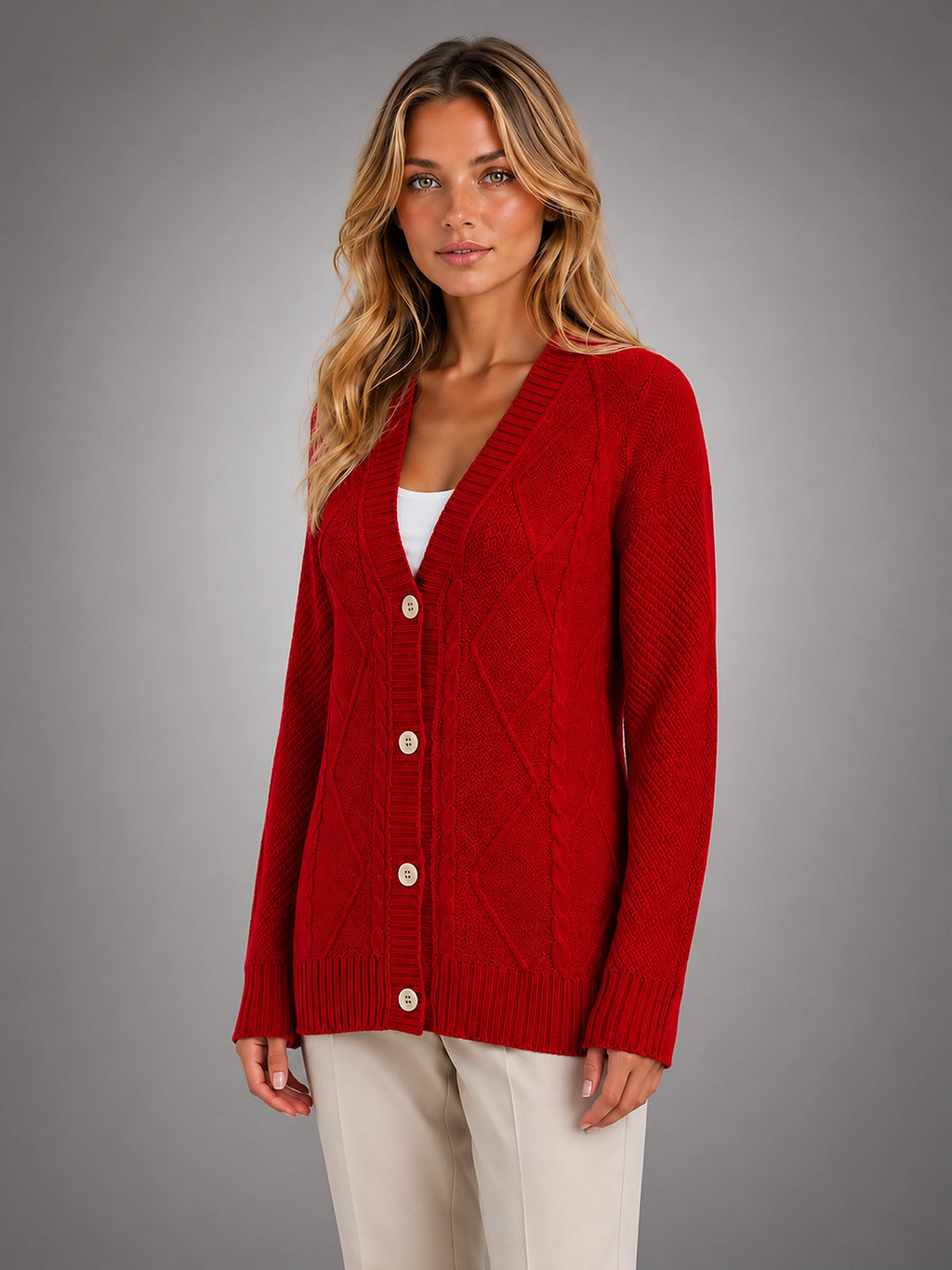 Women's Cable Knit Cardigan – V Neck Button Front - Red