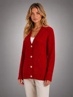 Women's Cable Knit Cardigan – V Neck Button Front - Red