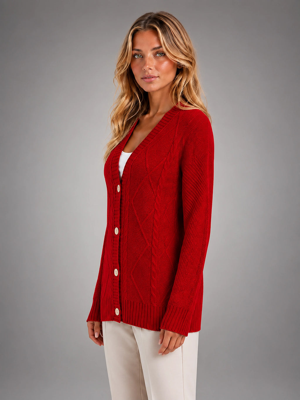 Women's Cable Knit Cardigan – V Neck Button Front - Red