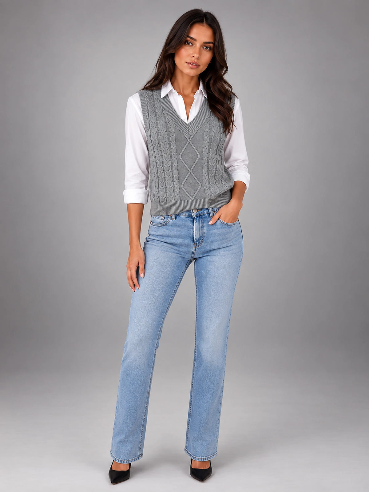 Women's Cable Knit Sweater Vest – Sleeveless Layering Knit - Gray