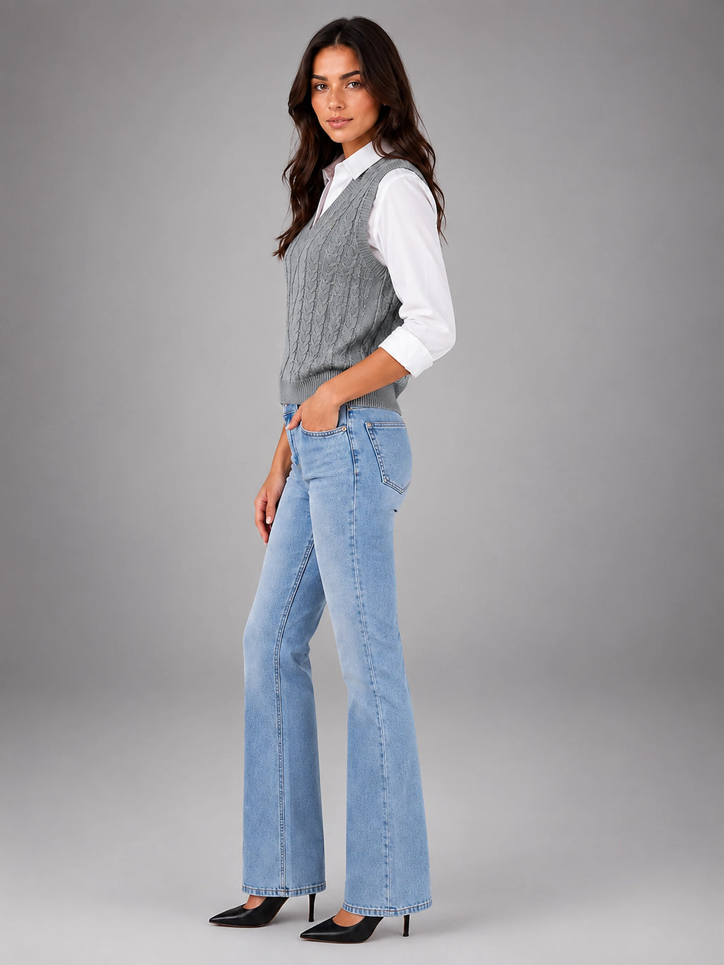 Women's Cable Knit Sweater Vest – Sleeveless Layering Knit - Gray