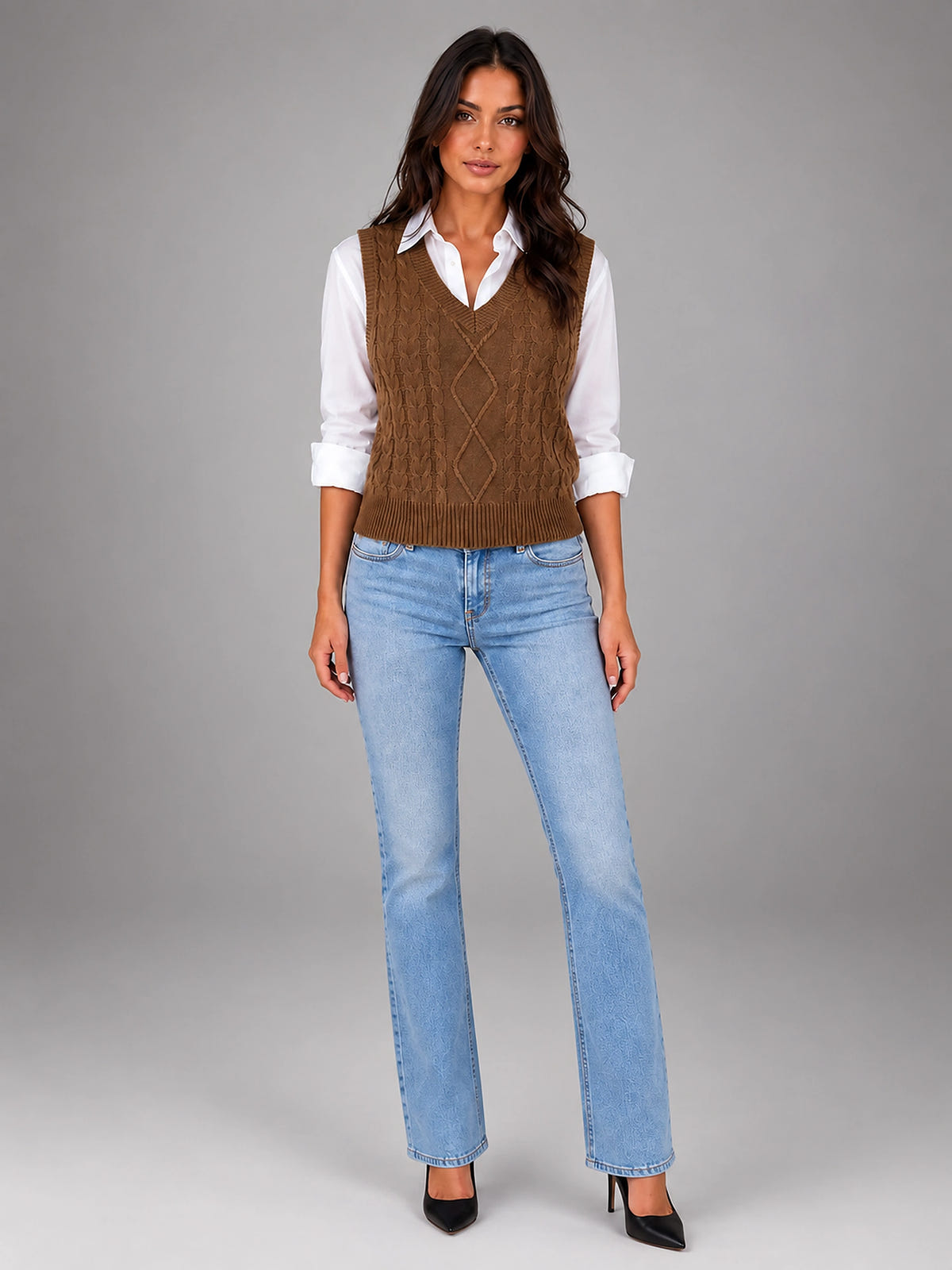 Women's Cable Knit Sweater Vest – Sleeveless Layering Knit - Coffee