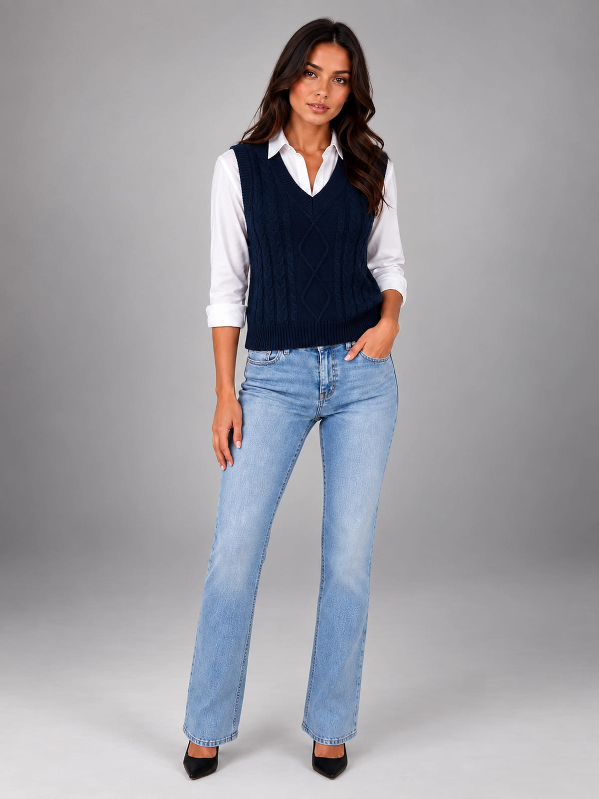 Women's Cable Knit Sweater Vest – Sleeveless Layering Knit - Navy