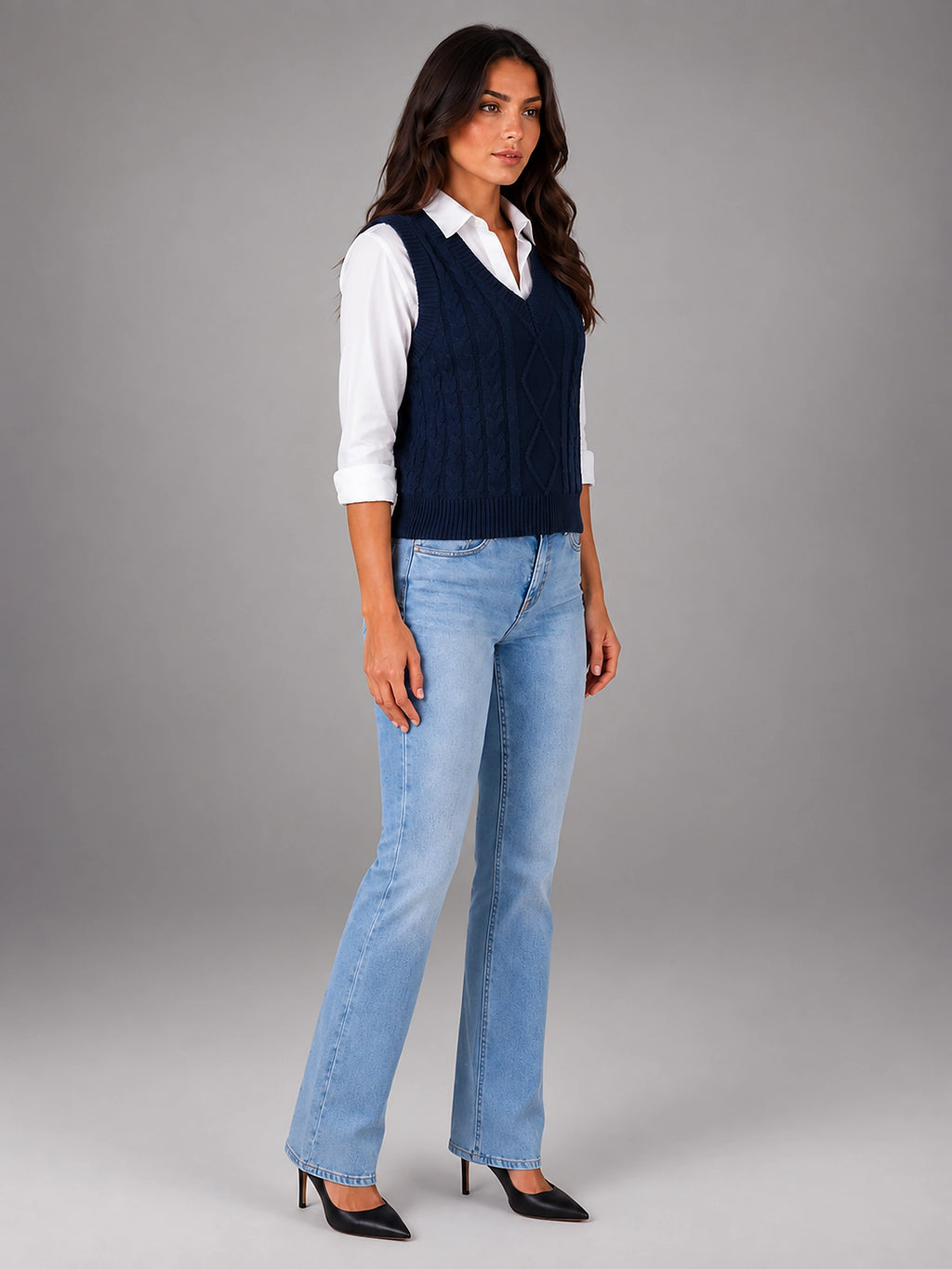 Women's Cable Knit Sweater Vest – Sleeveless Layering Knit - Navy
