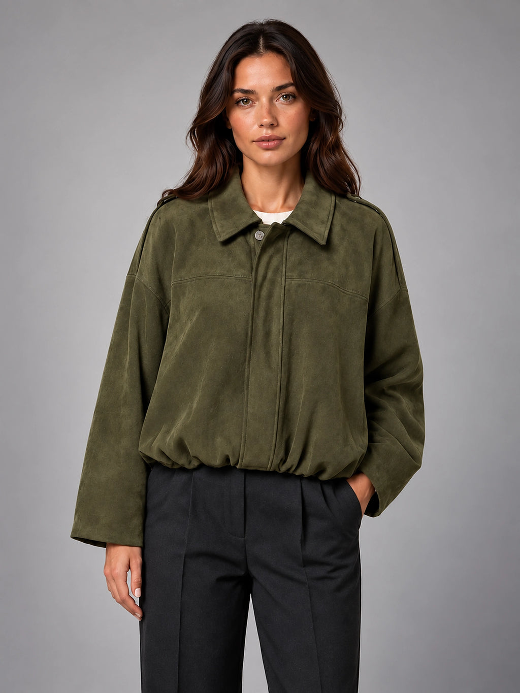 Women's Faux Suede Bomber Jacket – Oversized Collar - Olive Green