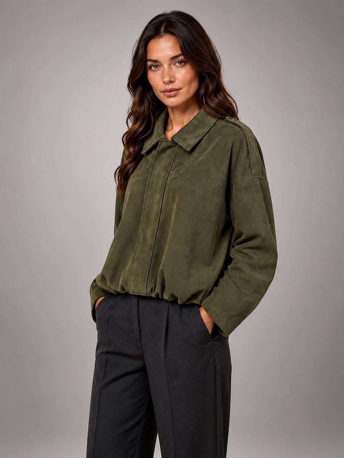 Women's Faux Suede Bomber Jacket – Oversized Collar - Olive Green