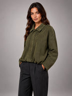 Women's Faux Suede Bomber Jacket – Oversized Collar - Olive Green