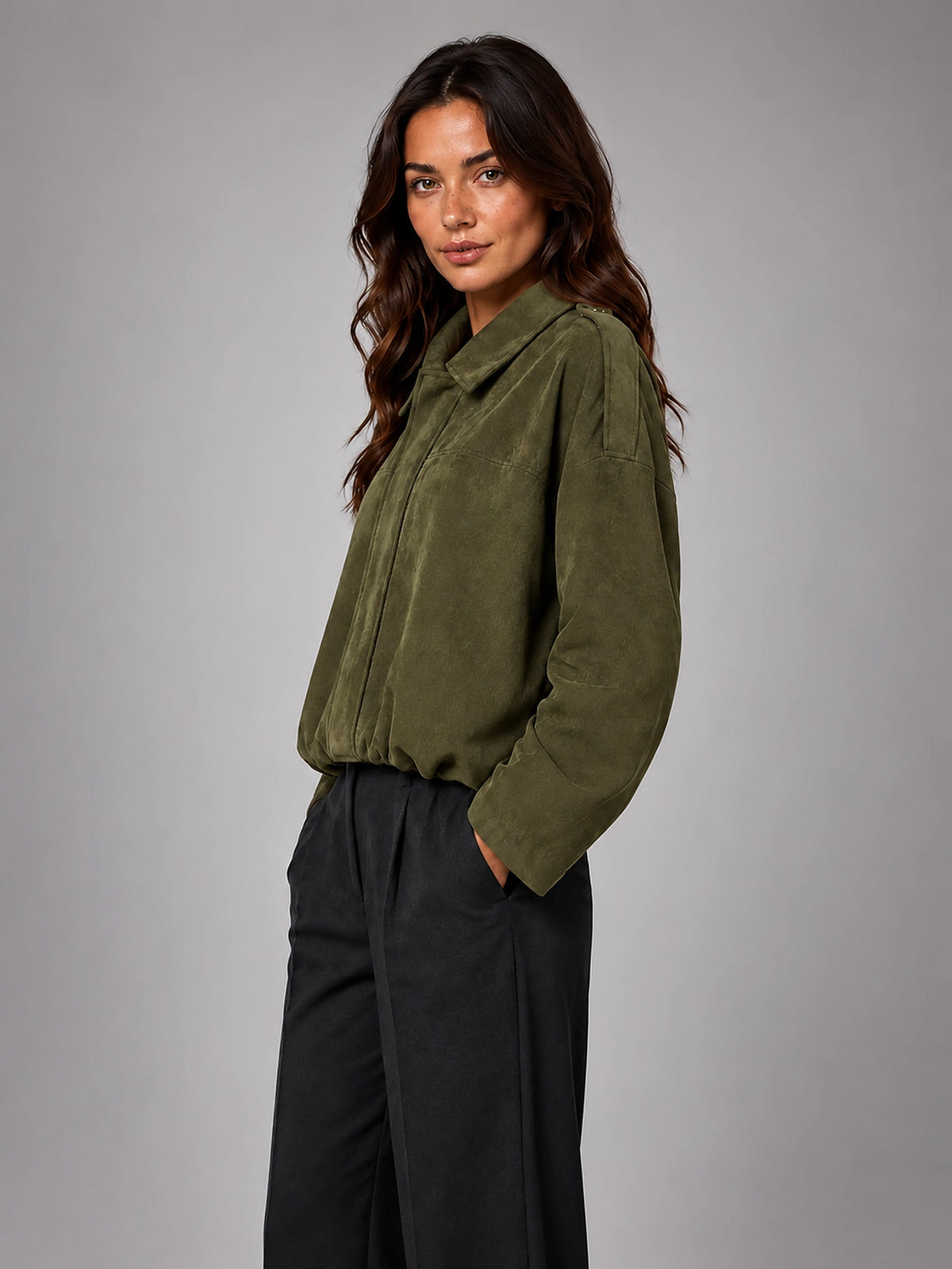 Women's Faux Suede Bomber Jacket – Oversized Collar - Olive Green