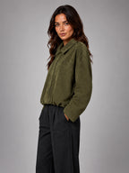Women's Faux Suede Bomber Jacket – Oversized Collar - Olive Green