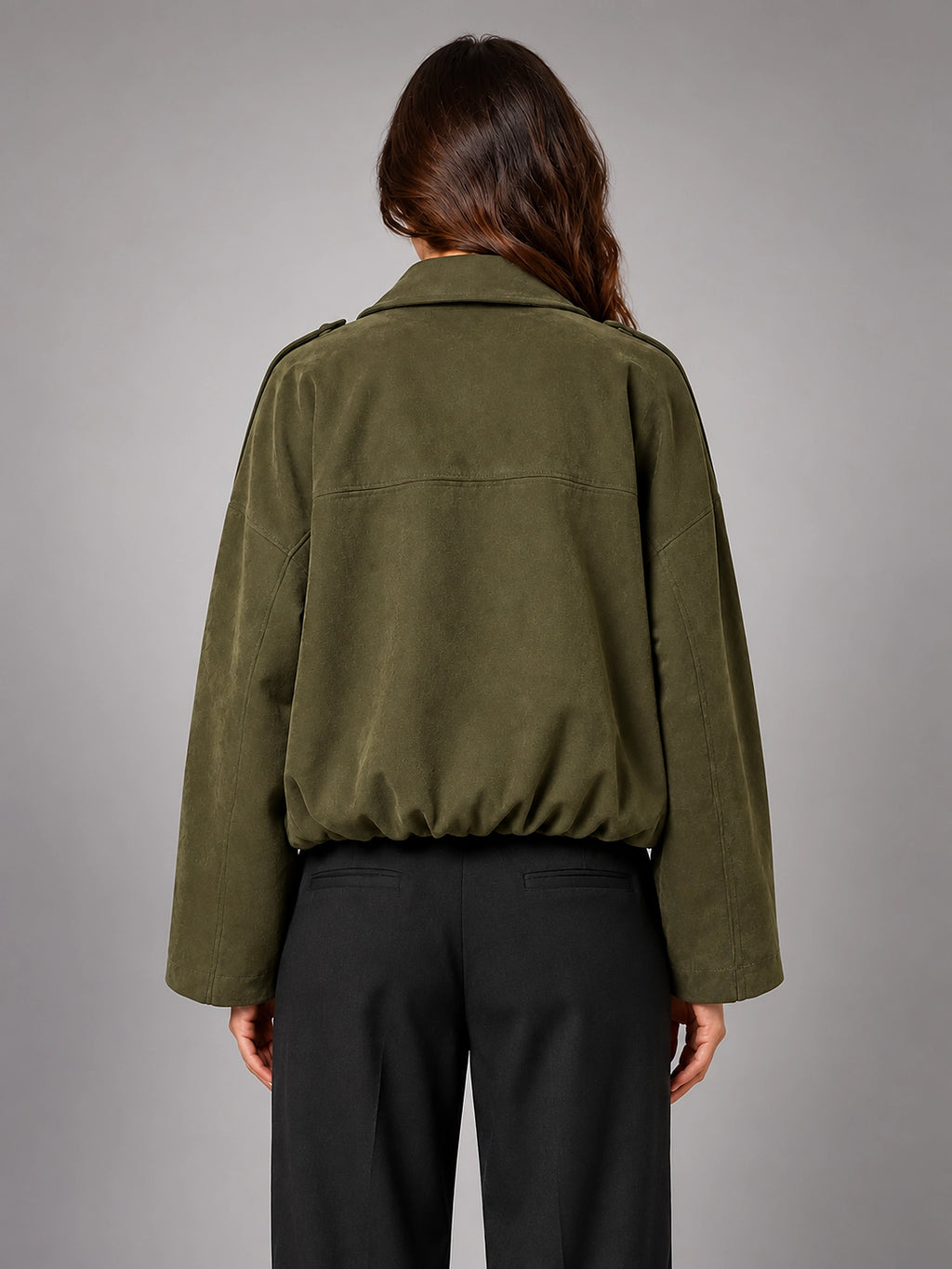 Women's Faux Suede Bomber Jacket – Oversized Collar - Olive Green