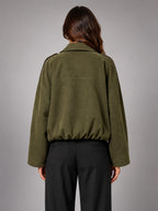 Women's Faux Suede Bomber Jacket – Oversized Collar - Olive Green