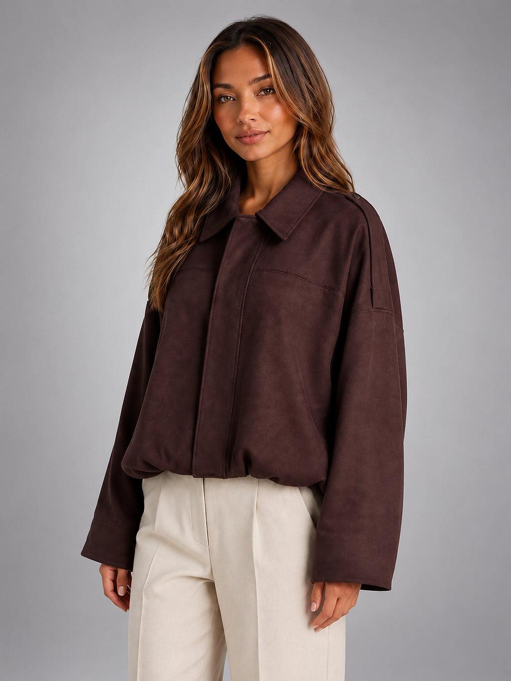 Women's Faux Suede Bomber Jacket – Oversized Collar - Burgundy
